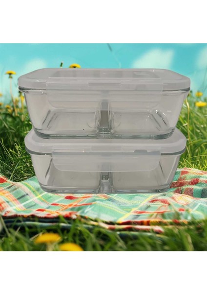 Dikdörtgen Cam Saklama Kabı 2'li Set, Bölmeli, Kilitli, 720CC, Beyaz Kapak