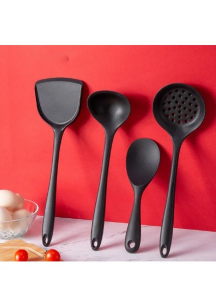 Isıya Dayanıklı Silikon Spatula ve Kepçe Seti, Siyah, 4 Parça