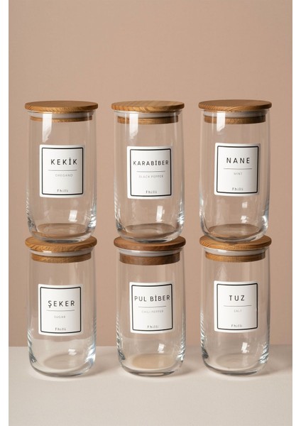 6'lı Cam Saklama Kabı Seti, Vakum Kapak, Etiketli, Baharatlık, 365 ml