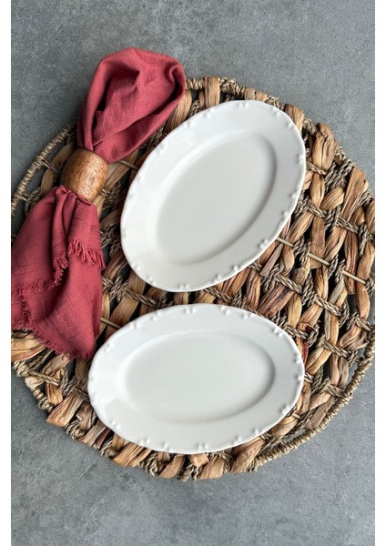 Bej 2'li 20 cm Porselen Kahvaltılık Sunum Kayık Tabak Seti