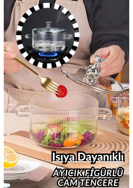1700CC Ayıcık Figürlü Isıya Dayanıklı Borosilikat Cam Tencere