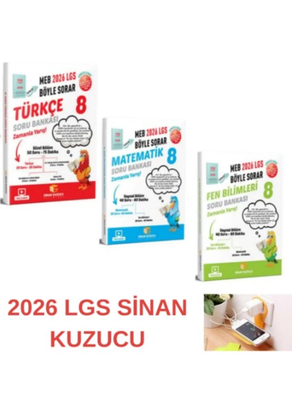 Sinan Kuzucu Yayınları 2026 Lgs 8. Sınıf Türkçe Matematik Fen Soru Bankası Seti (3 Kitap)Priz Tutucu Hediye