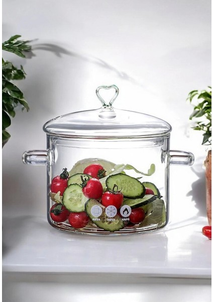 Kalp Figürlü Borosilikat Cam Tencere 1900 Ml, Şeffaf, Isıya Dayanıklı, Kulplu