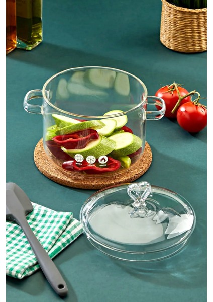 Kalp Figürlü Borosilikat Cam Tencere 1900 Ml, Şeffaf, Isıya Dayanıklı, Kulplu modelleri