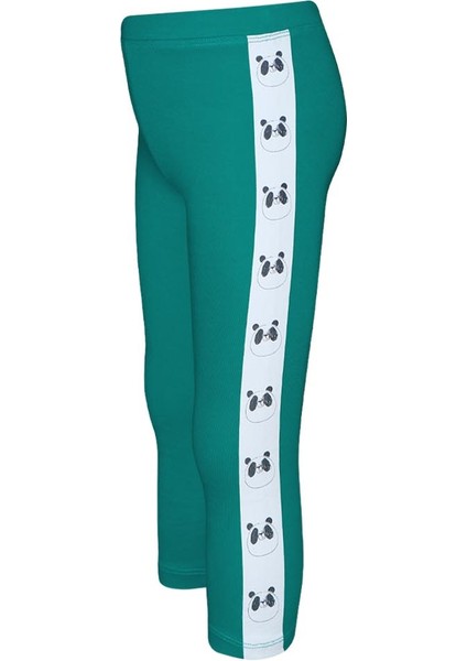 Koyu Yeşil Kız Çocuk Şardonlu Yanda Panda Baskılı Tayt