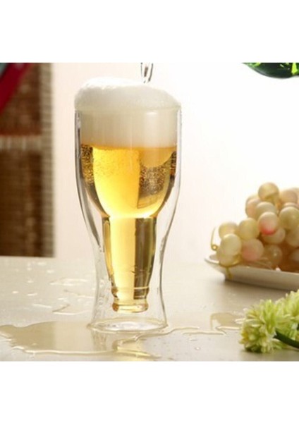 Şişe Tasarımlı Çift Cidarlı Cam Bardak, 350 Ml, Bira ve Meşrubat Için, Beyaz