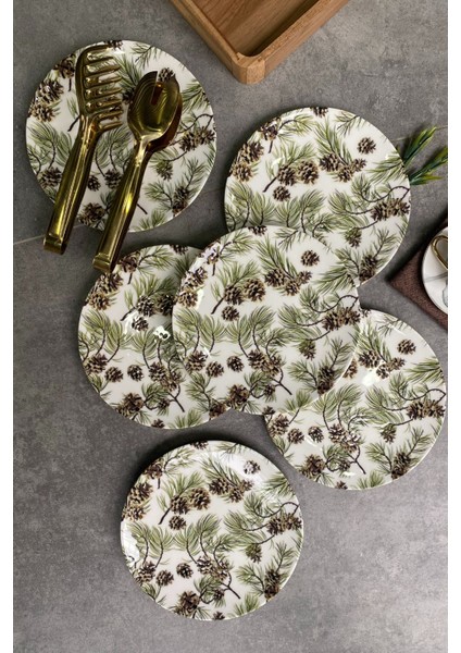 Renkli 21 cm 6 Kişilik Kozalak Detaylı Pasta Tabağı Seti