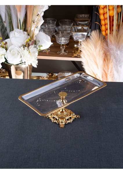 Altın Detaylı Metal Ayaklı Dikdörtgen Sunum Tepsisi, Şık ve Kullanışlı Tasarım