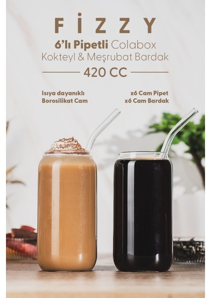 Turuncu 6'lı Pipetli Cam Bardak, 420CC, Dayanıklı ve Şık Tasarım