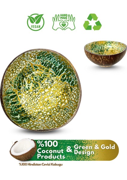 Yeşil ve Altın Desenli Hindistan Cevizi Kase, Şık ve Doğal Tasarım.