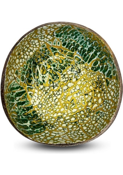 Yeşil ve Altın Desenli Hindistan Cevizi Kase, Şık ve Doğal Tasarım. fırsatları