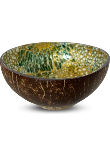 Yeşil ve Altın Desenli Hindistan Cevizi Kase, Şık ve Doğal Tasarım. indirimleri