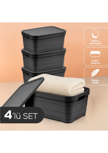 4'lü Kapaklı 10,8 Litre Saklama Kutusu Antrasit