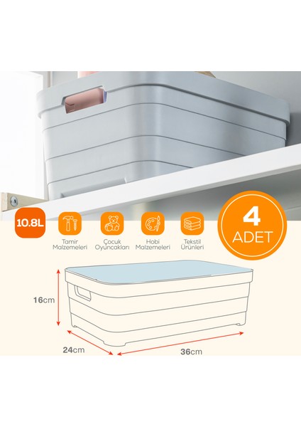 4'lü Kapaklı 10,8 Litre Saklama Kutusu Antrasit fiyatları