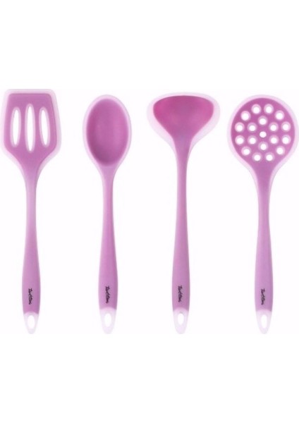 Pembe Silikon Servis Seti, Kepçe, Kevgir, Spatula, 4'lü
