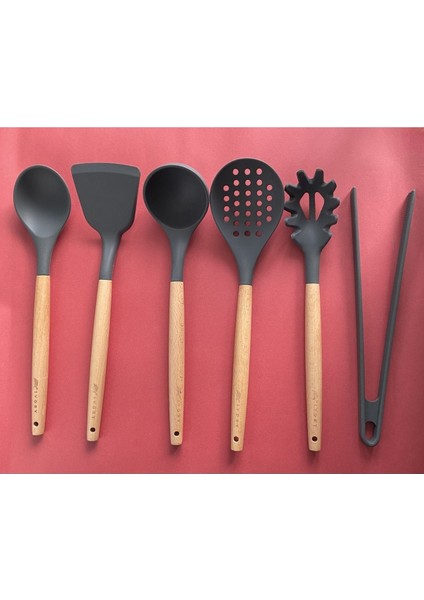 Bambu Saplı 6'lı Silikon Servis Seti, Kepçe, Kaşık, Kevgir, Makarna, Spatula, Maşa fiyatları