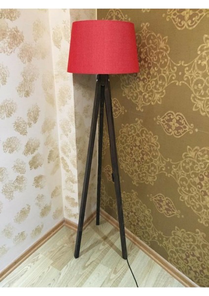 Ahşap 3 Ayaklı Tripod Abajur Kırmızı Kahverengi Lamba Konik Başlık