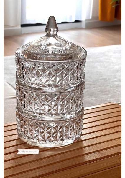 Şık 3 Katlı Cam Kesme Drajelik ve Kurabiyelik, Turuncu Renk, Zarif Tasarım