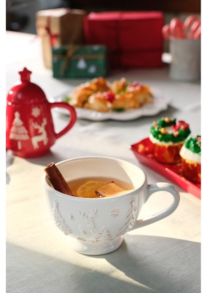 Yılbaşı Temalı 440 ml Beyaz Kar Desenli Çay Fincanı