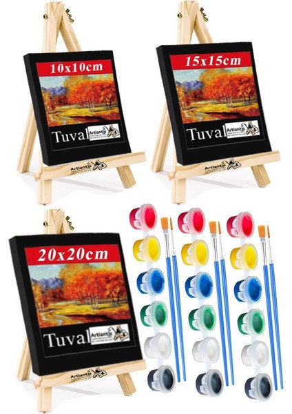Mini Şövale Siyah Tuval 10X10 15X15 20X20 cm 3 Adet Akrilik Boya 6 Renk ve Fırça Mini Siyah Tuval Masaüstü Küçük Şövale