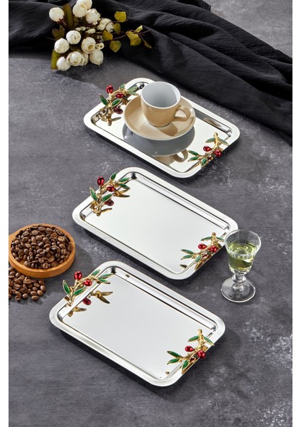 Şık Krom Sunum Tepsisi, 22X16CM, 3'lü Set, Kulp Desenli, Nişan ve Söz Organizasyonu