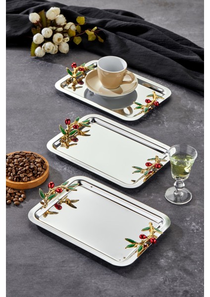 Şık Krom Sunum Tepsisi, 22X16CM, 3'lü Set, Kulp Desenli, Nişan ve Söz Organizasyonu modelleri