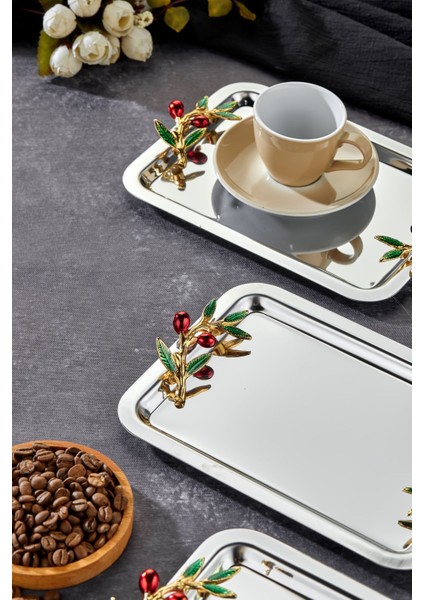 Şık Krom Sunum Tepsisi, 22X16CM, 3'lü Set, Kulp Desenli, Nişan ve Söz Organizasyonu fırsatları