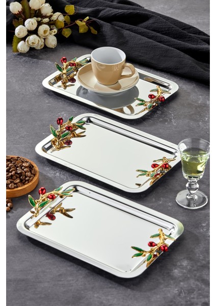 Şık Krom Sunum Tepsisi, 22X16CM, 3'lü Set, Kulp Desenli, Nişan ve Söz Organizasyonu indirimleri