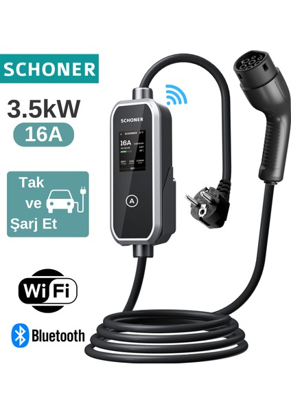 3.5kw Taşınabilir Elektrikli Araç Şarj Istasyonu -Tak ve Şarj Et- Wi-Fi / Bluetooth Smart 5 Metre Tip2 Kablolu
