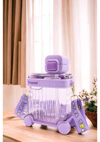 Renkli Valiz Tasarımlı Çocuk Matara, Pipetli, 650 Ml, Boyun Askılı, Okul Suluğu