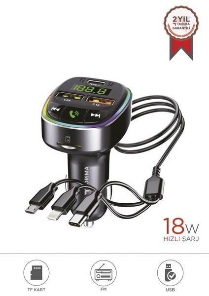G15 Siyah Fm Transmitter Araç Şarj Cihazı (18W Hızlı Şarj - Usb/type-C/tf Kart Destekli)
