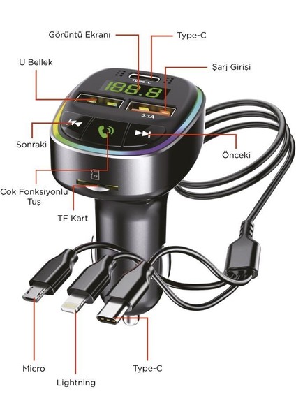 G15 Siyah Fm Transmitter Araç Şarj Cihazı (18W Hızlı Şarj - Usb/type-C/tf Kart Destekli) fiyatları