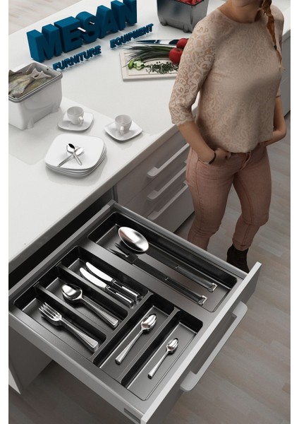 Gri Mutfak Çekmece Içi Düzenleyici, 44X48CM, Yanlar ve Boydan 4cm Kesilebilir