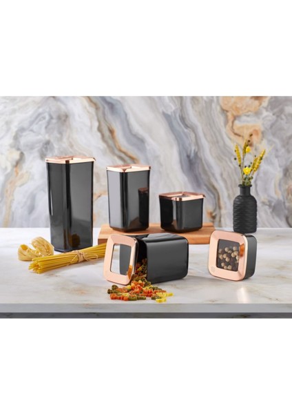 Siyah Kare Vakkumlu Bakır Kapaklı Saklama Kabı 5'li Set