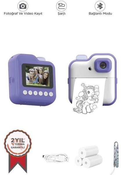 TRM-CMR15 Mor Dijital Video Kayıt Fotoğraf Çocuk Kamerası Anlık Termal Resim Kağıt Baskılı Yazıcı