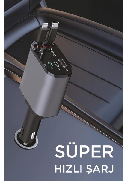 G16 120W Süper Hızlı Şarjlı Transmitter Araç Şarj Cihazı – Çift Type-C & Lightning Kablo, Dijital Göstergeli, 80CM Kablo fiyatları
