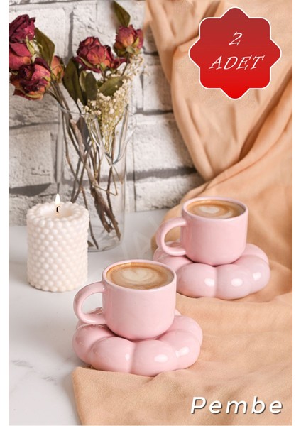 Papatya Şekilli Seramik Kahve Fincan Takımı, 2'li, 95 Ml, Pembe modelleri