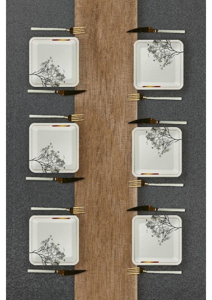 Bej Dilek Ağacı Desenli 6 Kişilik Seramik Pasta Seti, Şık ve Zarif Sunumlar Için