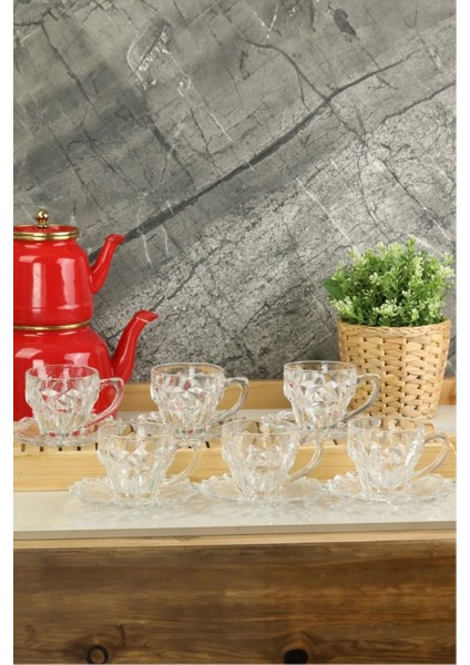 12 Parça Kristal Cam Fincan Takımı, Şık Kahverengi Tasarım