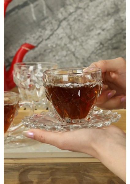 12 Parça Kristal Cam Fincan Takımı, Şık Kahverengi Tasarım