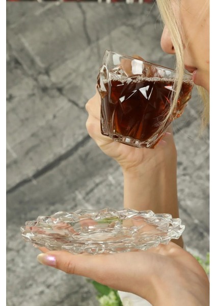 12 Parça Kristal Cam Fincan Takımı, Şık Kahverengi Tasarım