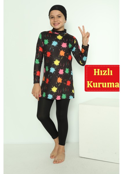 Kapalı Kız Çocuk Desenli Taytlı Hızlı Kuruma Özellikli Çocuk Tesettür Mayo 13 14 Yaş