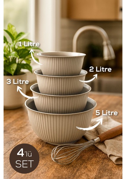 4'lü Renkli Plastik Karıştırma ve Saklama Kase Seti 1l-5l