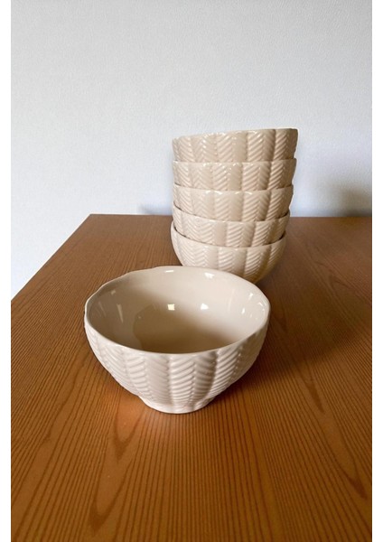 6'lı Seramik Kase Seti, Dekorlu ve Krem Renkli Çorba Kaseleri