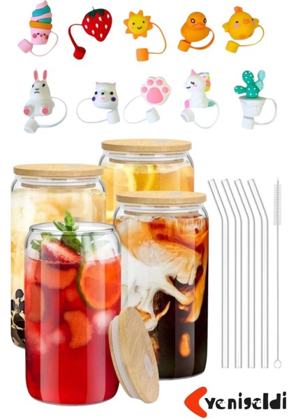 4 Adet Bambu Kapaklı Cam Bardak, Buzlu Kahve, Smoothie, Kokteyl, Pipet ve Temizleme Fırçası