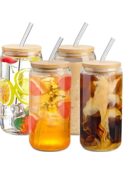 4 Adet Bambu Kapaklı Cam Bardak, Buzlu Kahve, Smoothie, Kokteyl, Pipet ve Temizleme Fırçası fiyatları