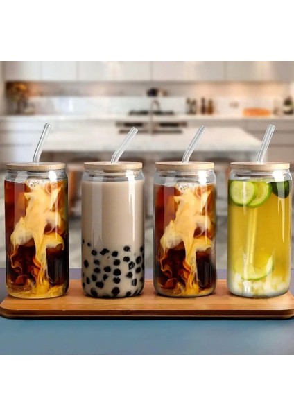 4 Adet Bambu Kapaklı Cam Bardak, Buzlu Kahve, Smoothie, Kokteyl, Pipet ve Temizleme Fırçası modelleri