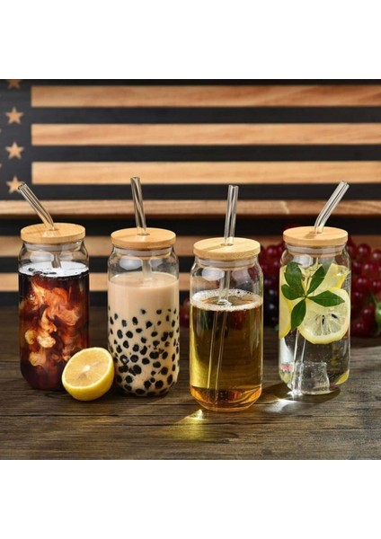 4 Adet Bambu Kapaklı Cam Bardak, Buzlu Kahve, Smoothie, Kokteyl, Pipet ve Temizleme Fırçası fırsatları