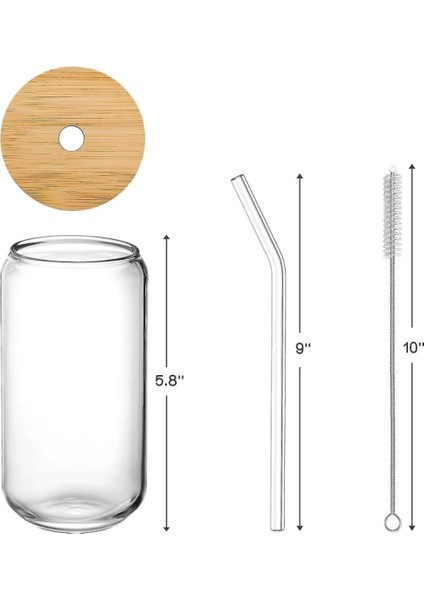 4 Adet Bambu Kapaklı Cam Bardak, Buzlu Kahve, Smoothie, Kokteyl, Pipet ve Temizleme Fırçası