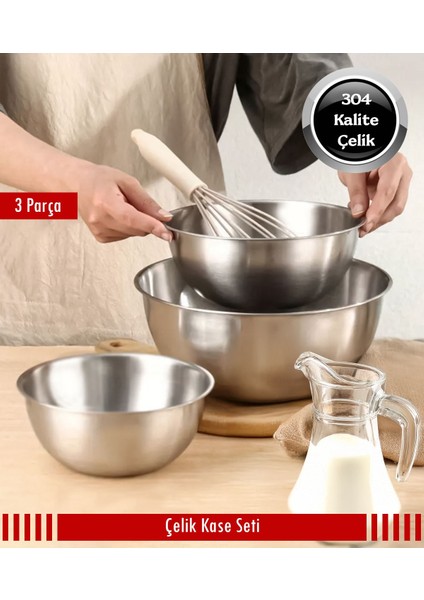 Çelik 3 Parça Kase Seti, 16CM, 20CM, 24CM, Dayanıklı ve Şık Tasarım